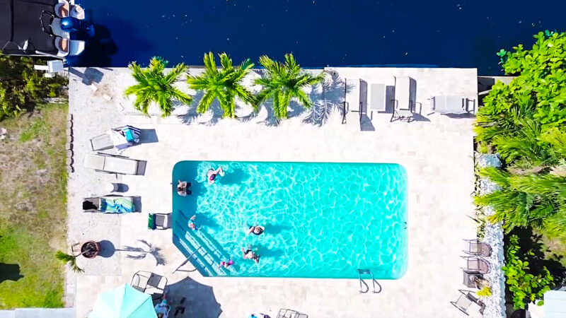 Aerial view of the swimming pool and patio at Tarpon Harbor 1 in Fort Lauderdale.