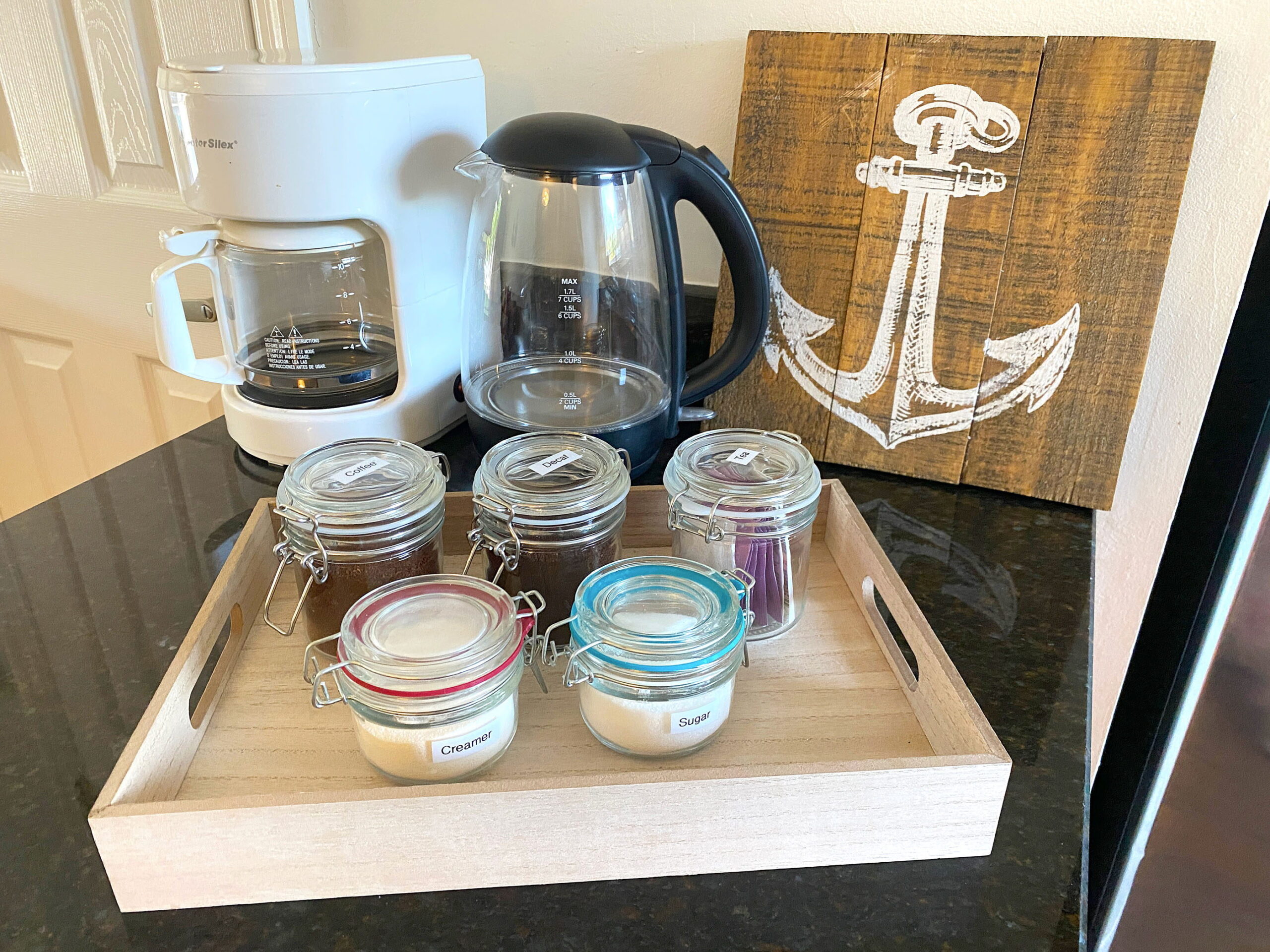 Coffee station with coffee maker, kettle, coffee and tea at Tarpon Harbor 1
